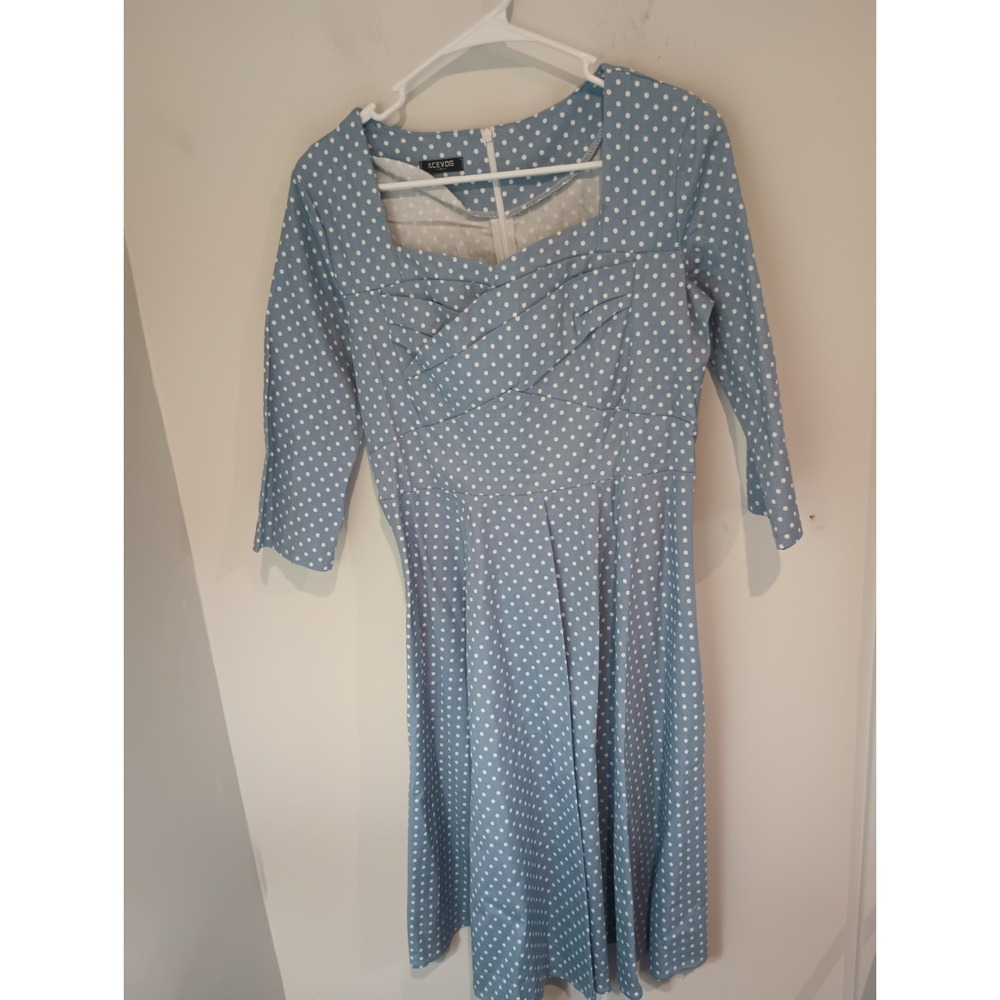 ACEVOG Blue White Polka Dot Swing Dress Medium 1950s Vintage Style Sweetheart...